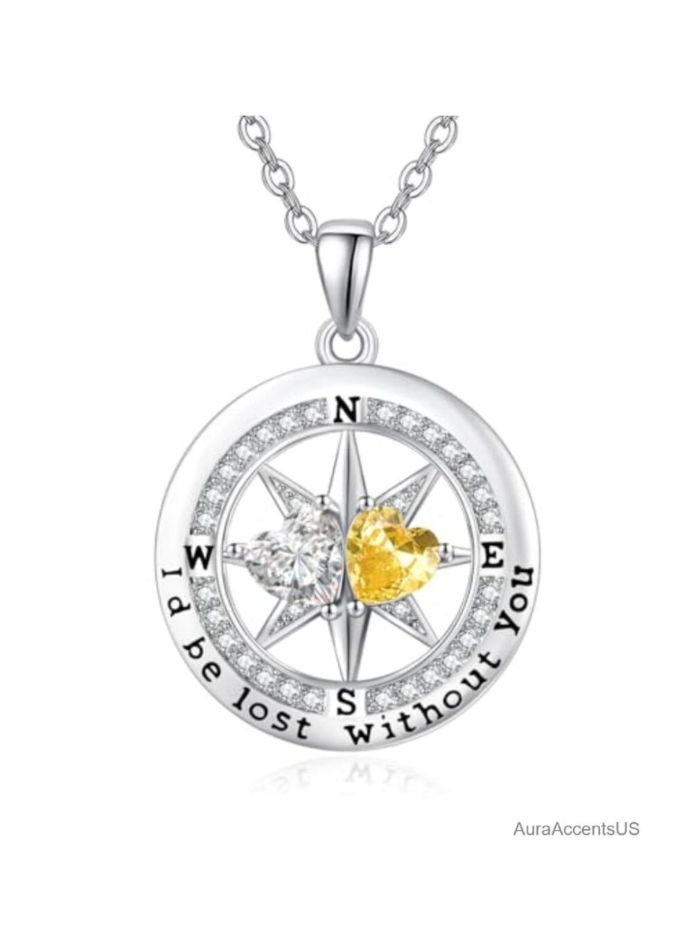 White Gold Plated Compass Birthstone Pendant Necklace